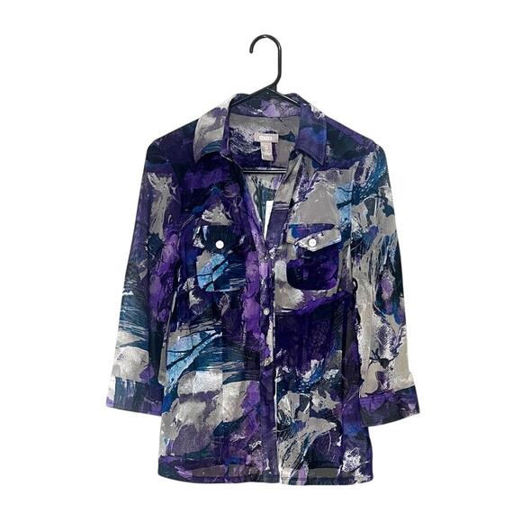 NWT Chico's Purple Blue Abstract Print Blouse Sheer Stretch 3/4 Slv Sz 0 (Small) - Picture 1 of 7